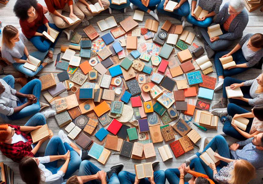 Cercle de gent amb llibres